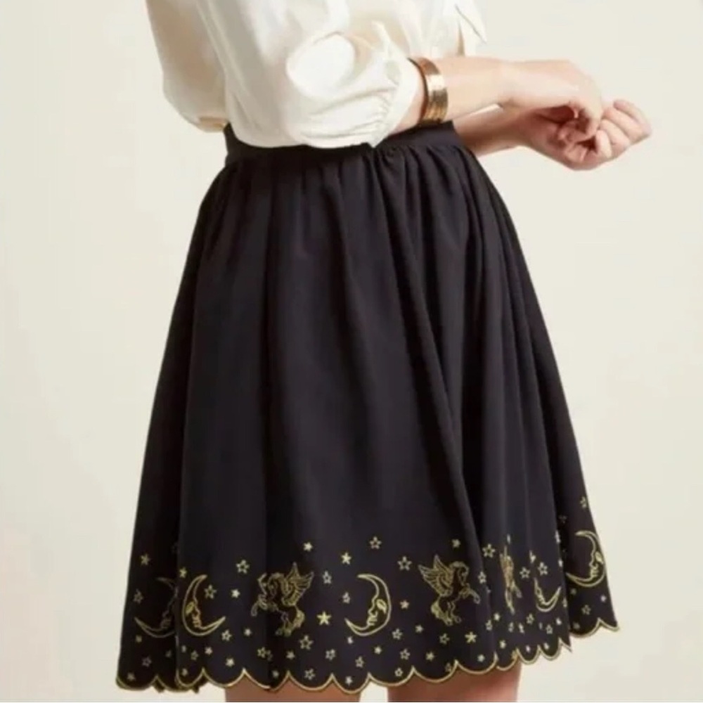 Modcloth Celestial Pegasus Black and Gold Embellished Midi Skirt